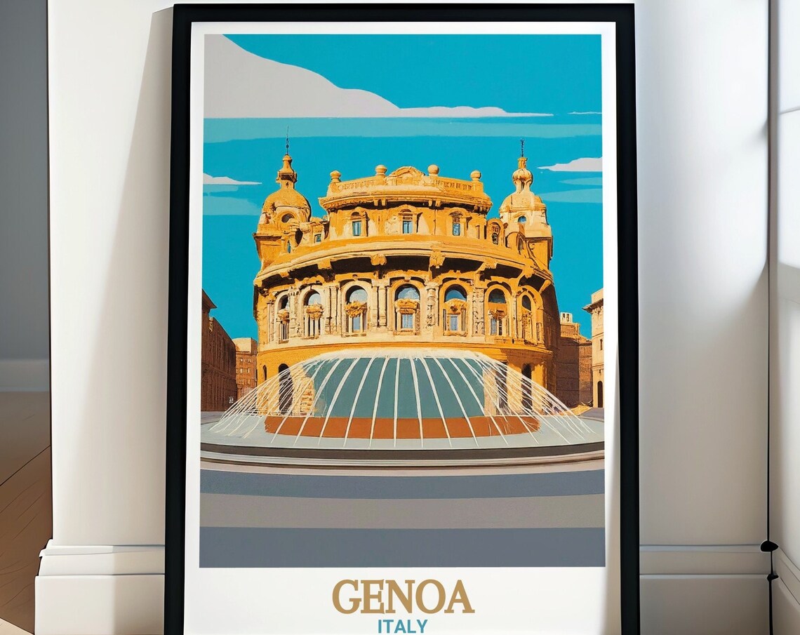 Piazza De Ferrari Palace and Fountain in Genoa Italy Travel Poster
