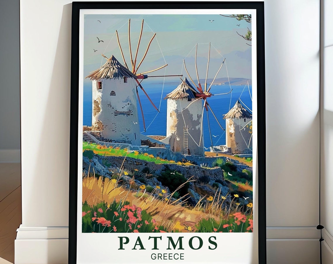 Patmos Greece Traditional Windmills Over Blue Aegean Sea Poster