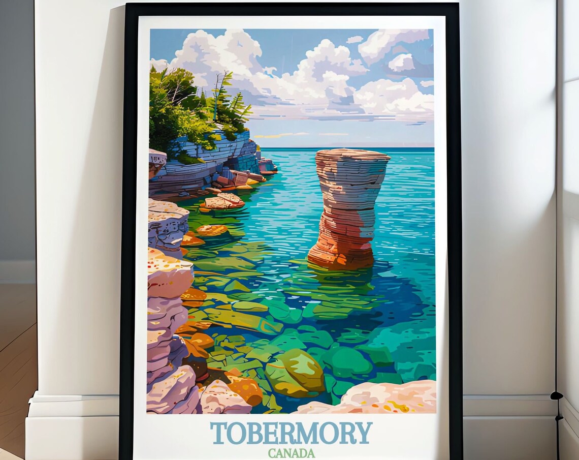 Tobermory Canada Flowerpot Island Turquoise Water Rock Travel Poster