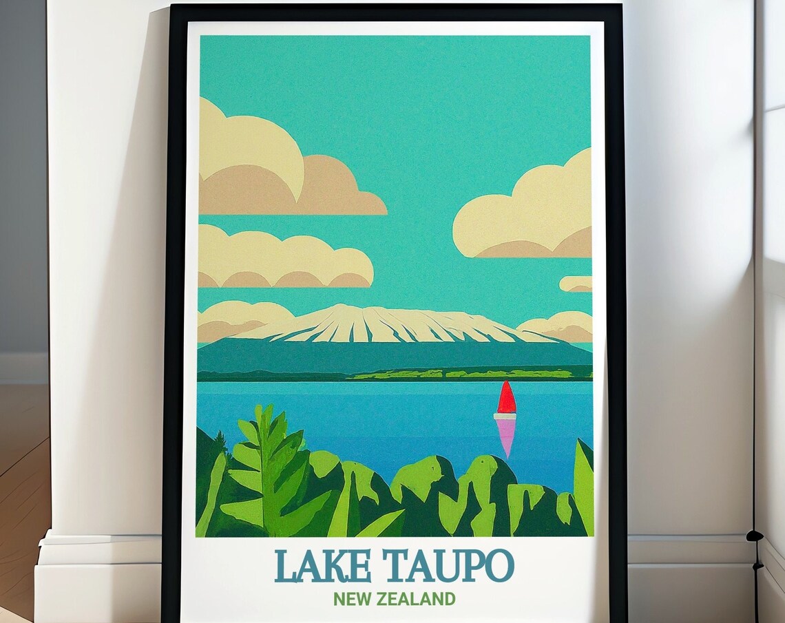 Lake Taupo New Zealand Volcano Over Lake Red Sailboat View Poster