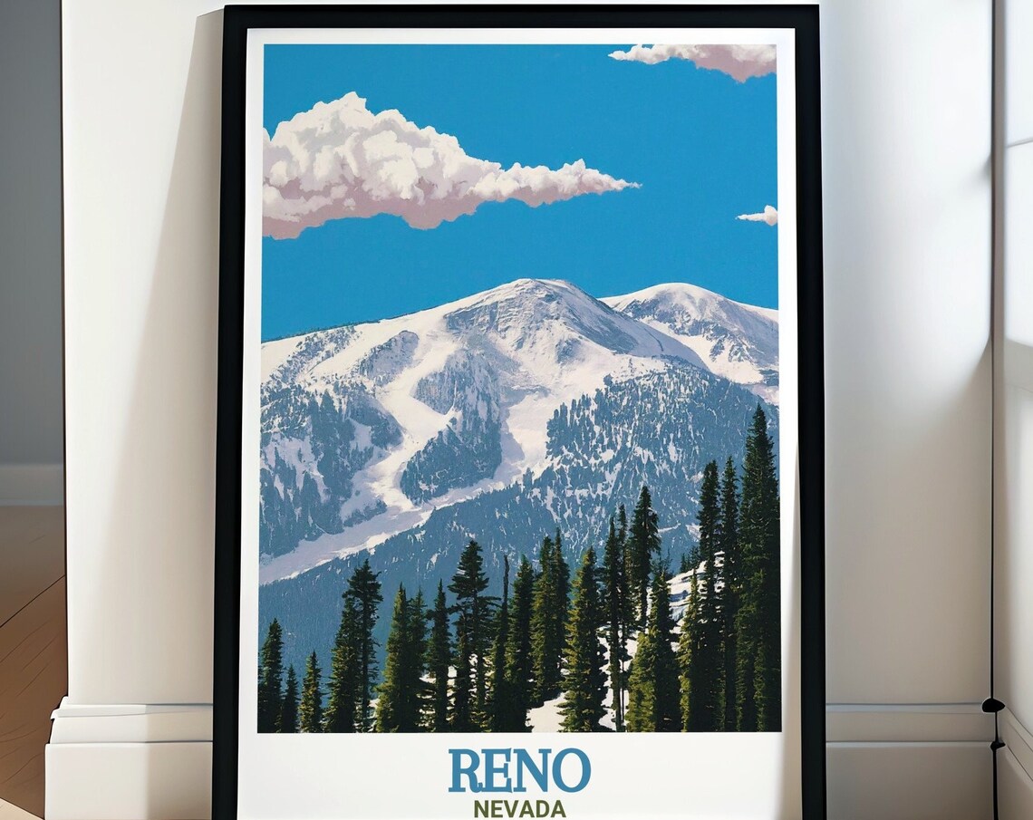 Reno Nevada Snowy Mount Rose Pines Under Blue Sky Travel Poster