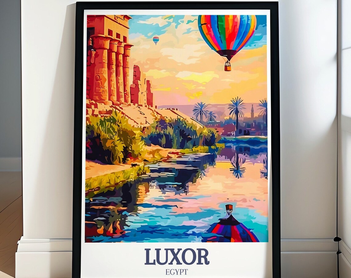 Luxor Egypt Temple Columns Nile Sunset Hot Air Balloon Travel Poster