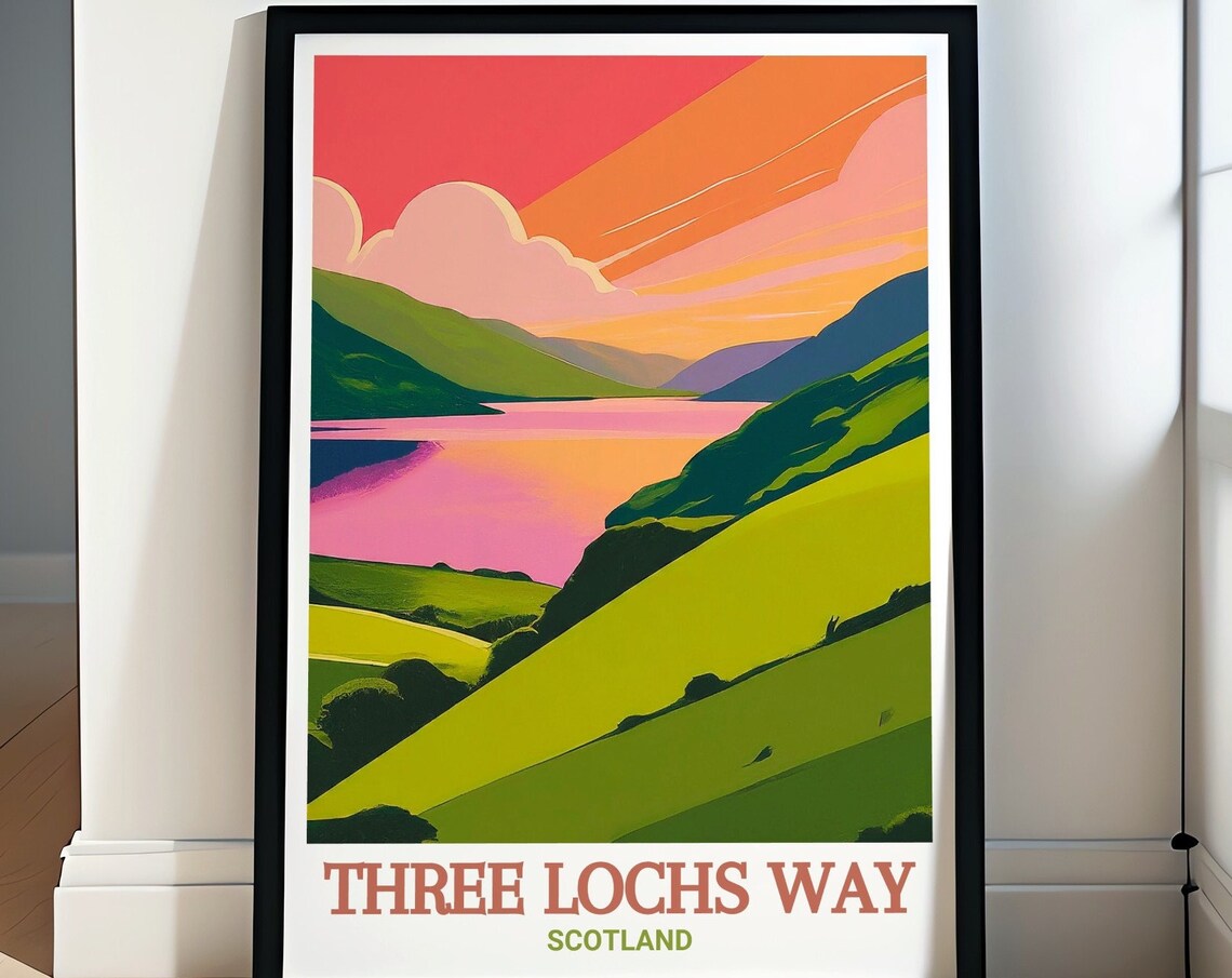 Three Lochs Way Scotland Sunset Loch Green Hills Pink Sky Poster
