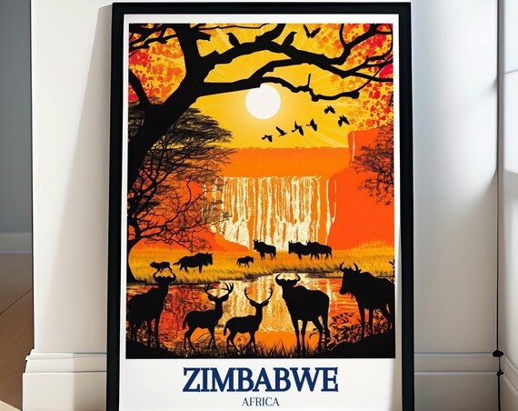 Zimbabwe Travel Posters Hwange Park Majesty Poster Victoria Falls Scenic Art African Wildlife Collection