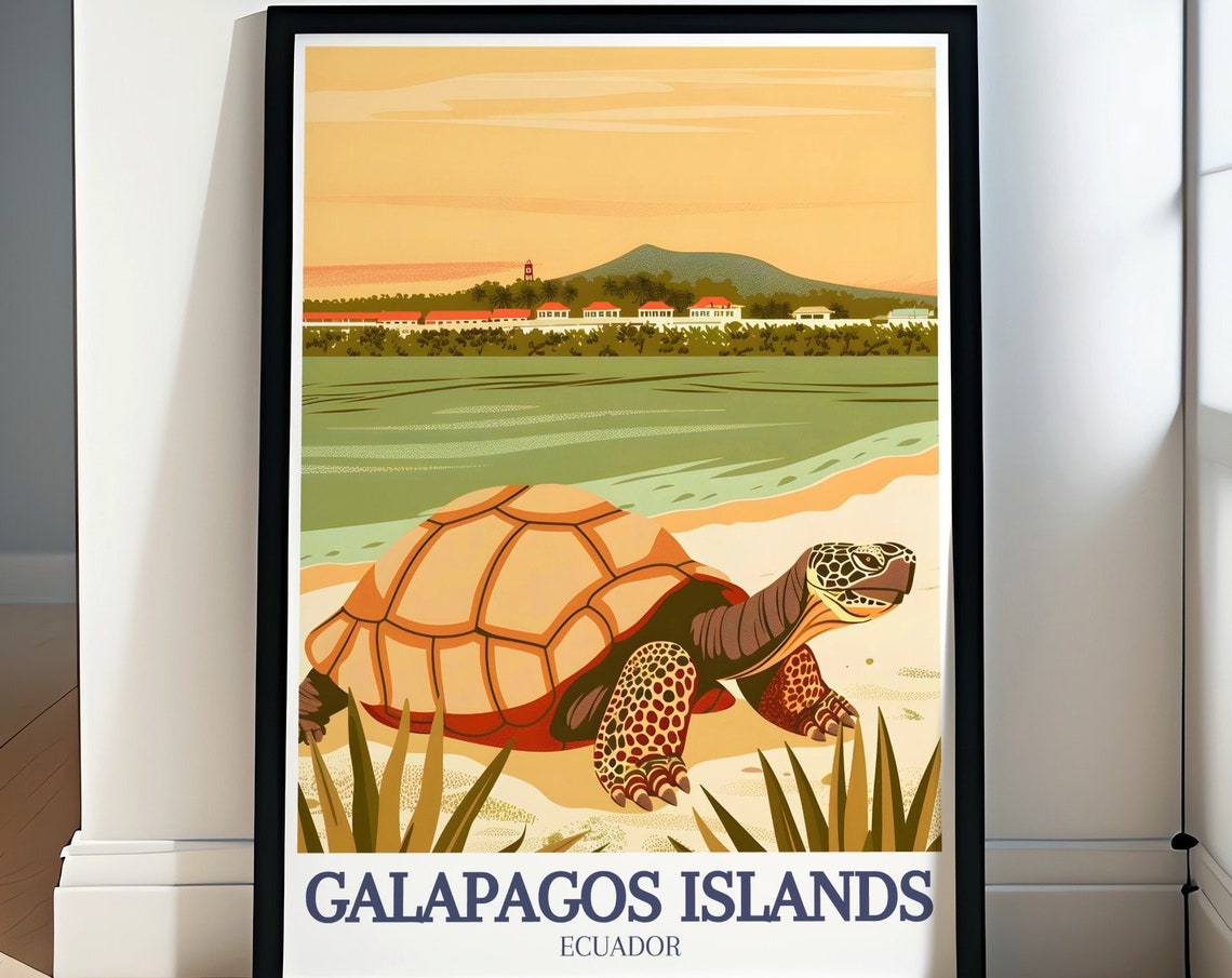 Galapagos Giant Tortoise Beach Sunset Ecuador Wildlife Poster