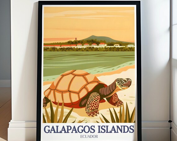 Galapagos Giant Tortoise Beach Sunset Ecuador Wildlife Poster