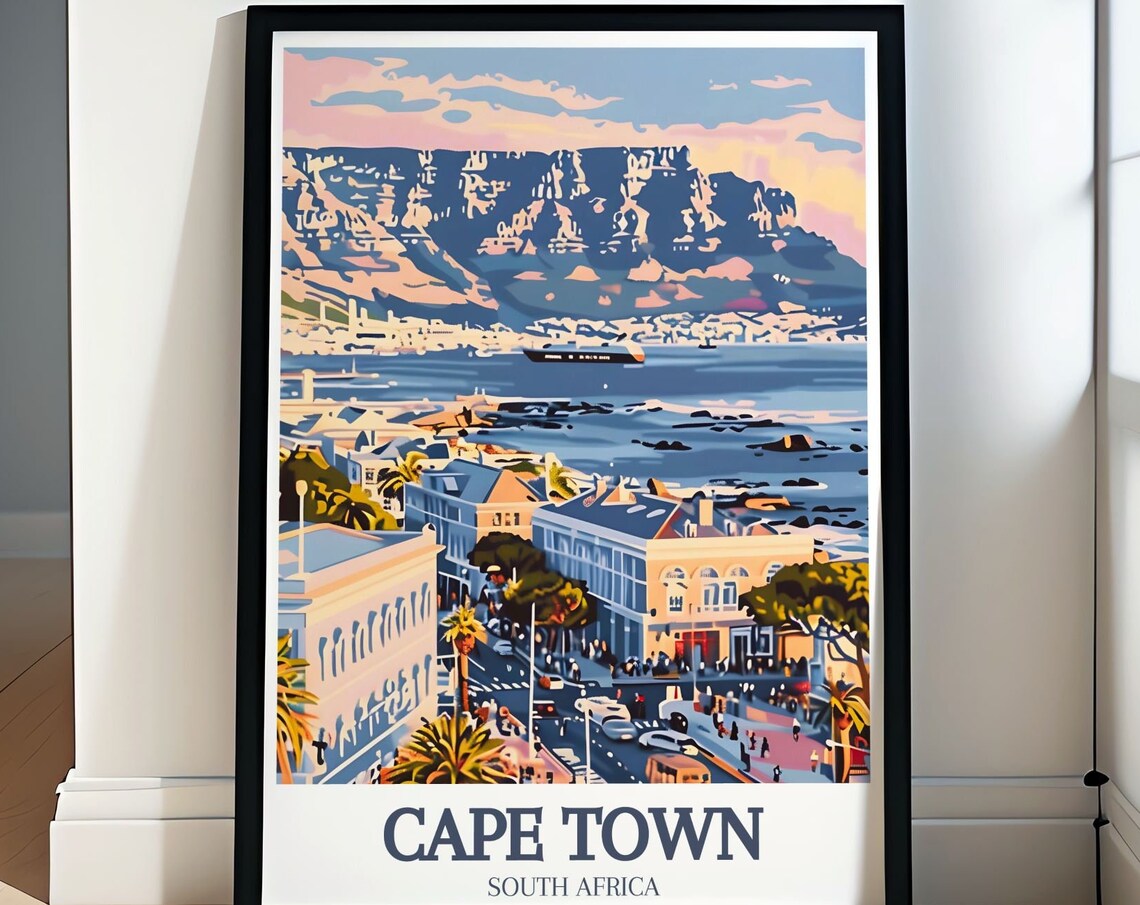 Cape Town South Africa Table Mountain Sunset City Harbor Lights Poster