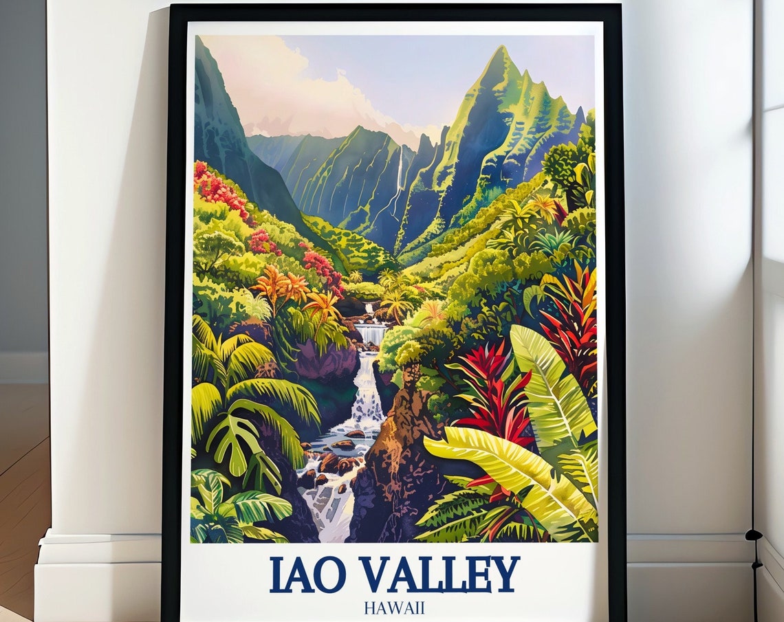 Iao Valley Hawaii Lush Tropical Waterfalls Rainforest Scene Poster