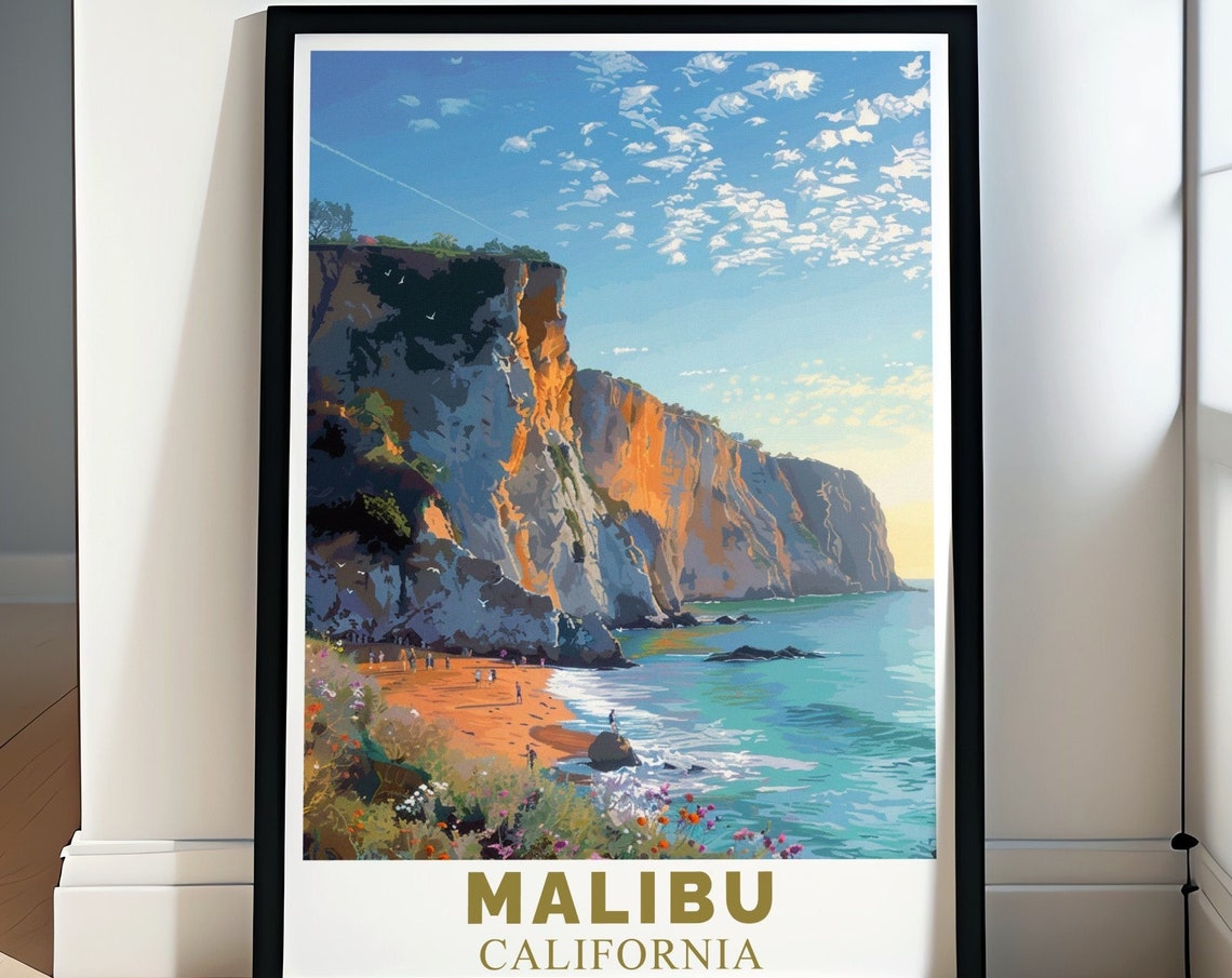 Malibu California Golden Cliffs Above Sandy Beach at Sunset Poster