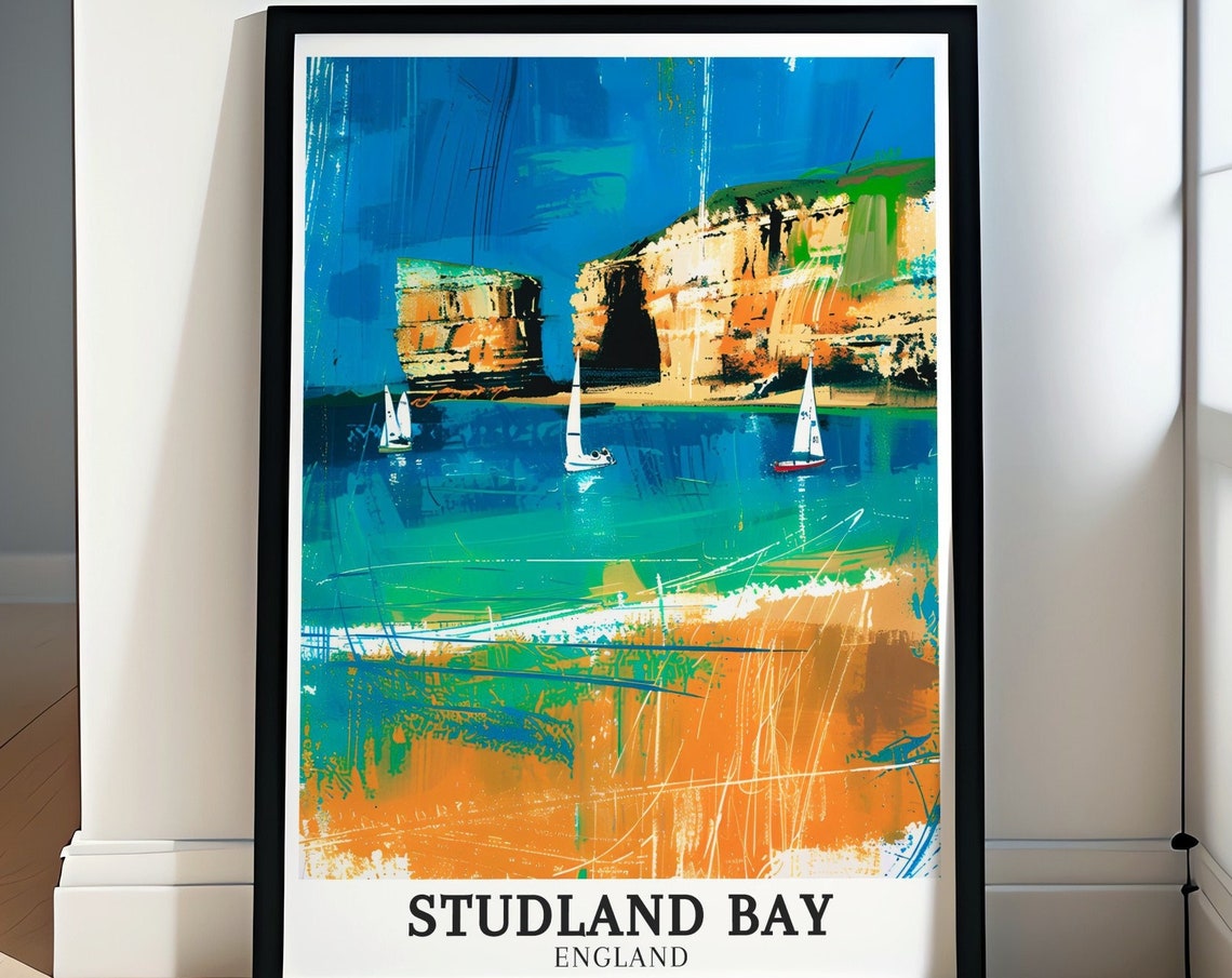 Studland Bay Old Harry Rocks Chalk Cliffs Sailing Travel Poster