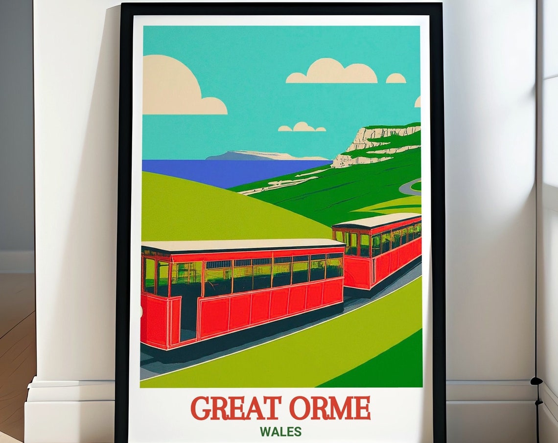 Great Orme Wales Historic Red Tramway Cars Mountain View Poster