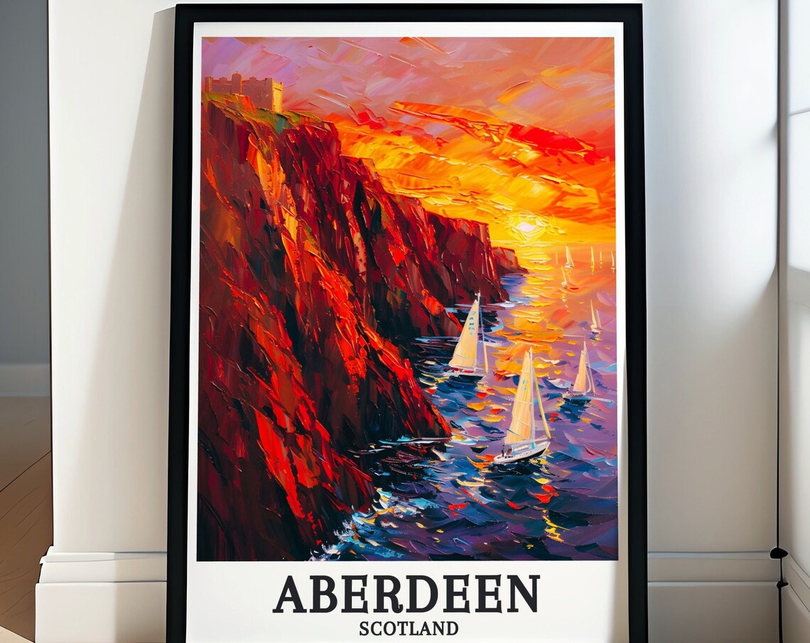 Dunnottar Castle Aberdeen Sunset Sailboats Scotland Travel Poster