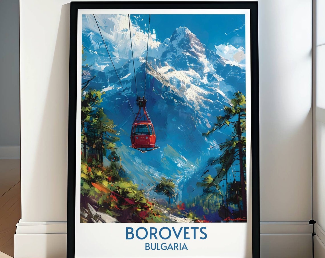 Borovets Bulgaria Red Cable Car Gondola Over Snowy Peaks Poster