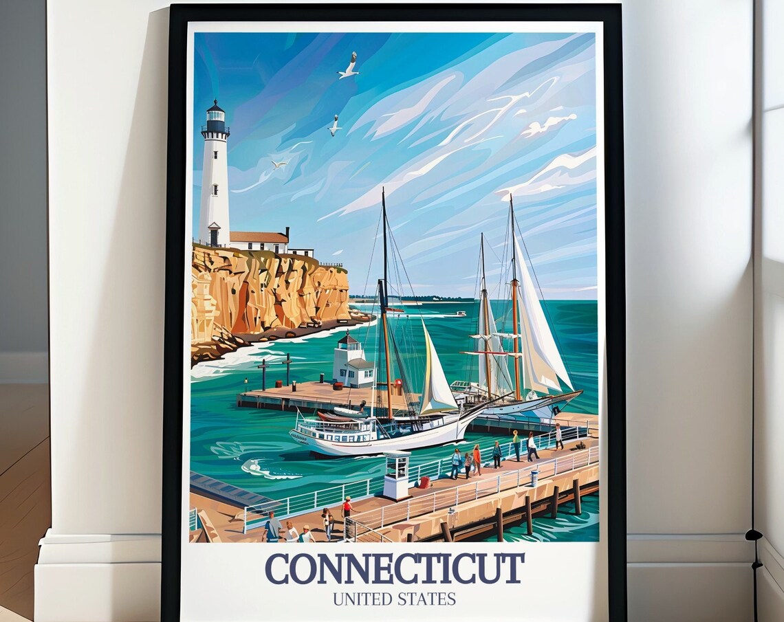 Connecticut Cliff Lighthouse Sailboats Harbor Summer Travel Poster