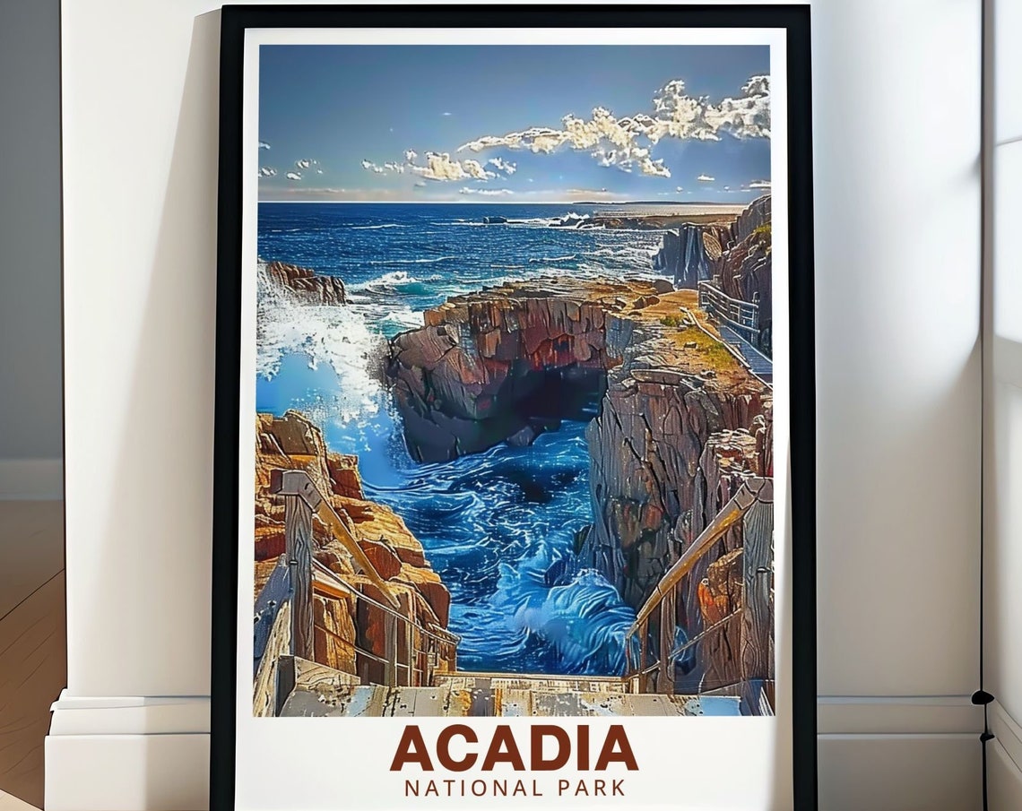 Acadia Thunder Hole Crashing Waves Rocky Coast Travel Art Poster