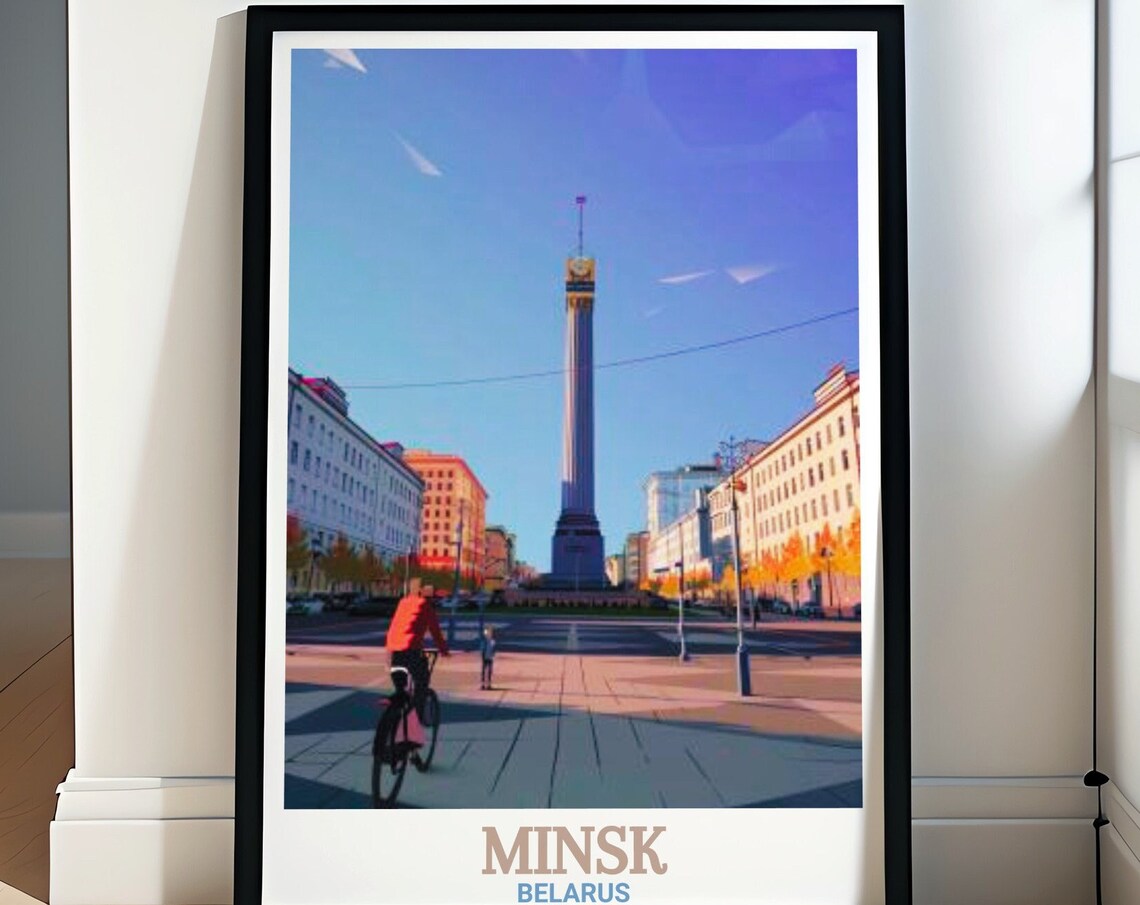 Minsk Belarus Victory Square Obelisk Sunny Street Scene Poster