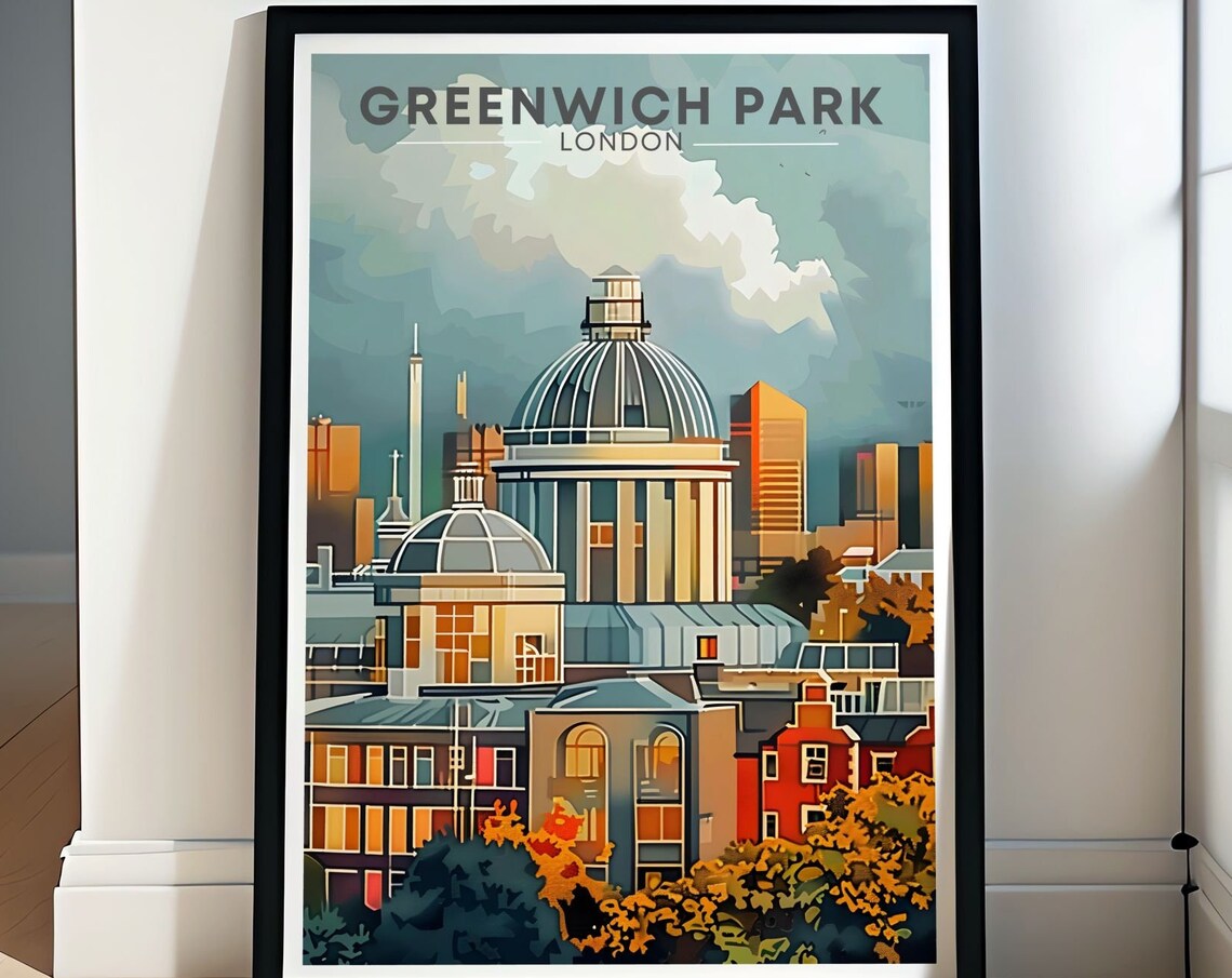 Greenwich Park London Skyline With Grand Dome Retro Travel Poster