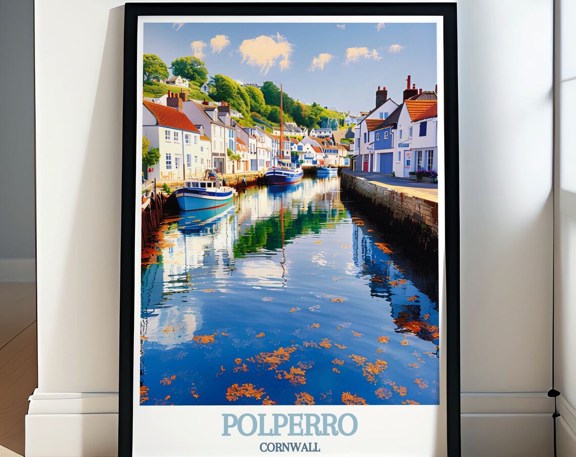 Polperro Cornwall Harbour Boats Mirror Calm Water Morning Poster
