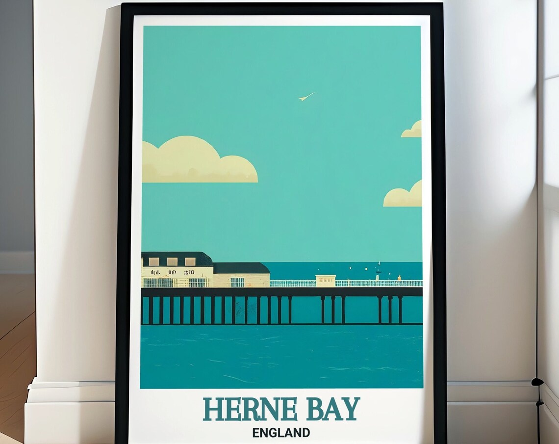 Herne Bay England Minimalist Pier Teal Seaside Scene Art Poster