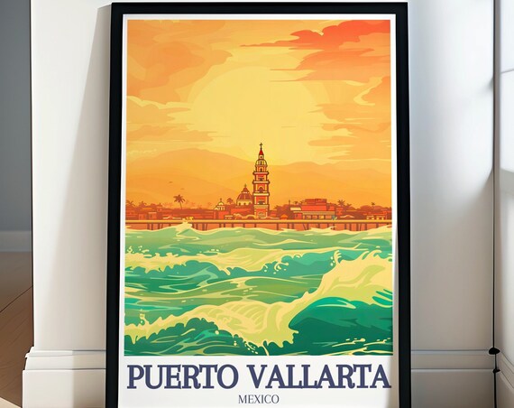 Puerto Vallarta Mexico Church Sunset Over Waves Travel Poster