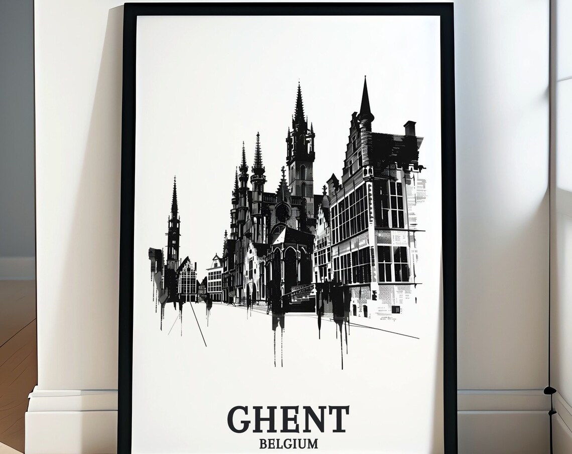 Ghent Belgium Cloth Hall Black And White Architectural Sketch Poster