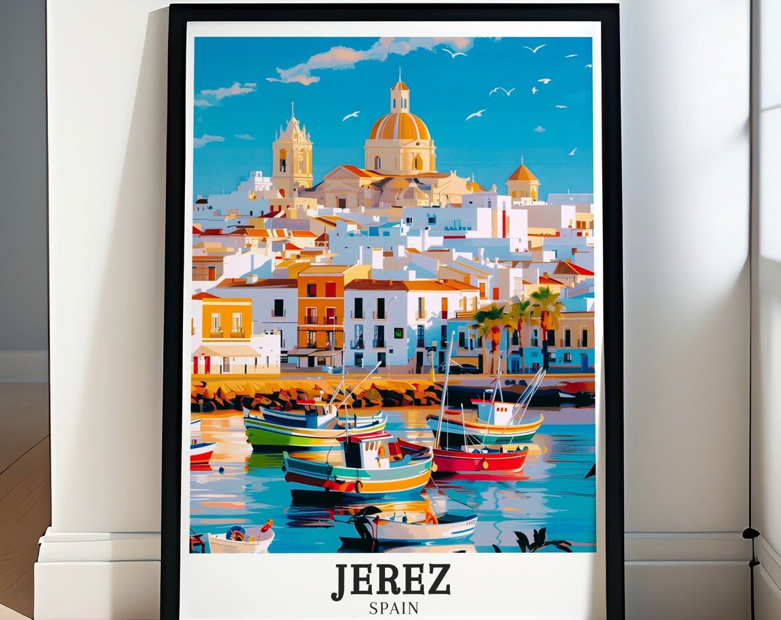 Jerez Spain Harbor Fishing Boats Cathedral Waterfront Travel Poster
