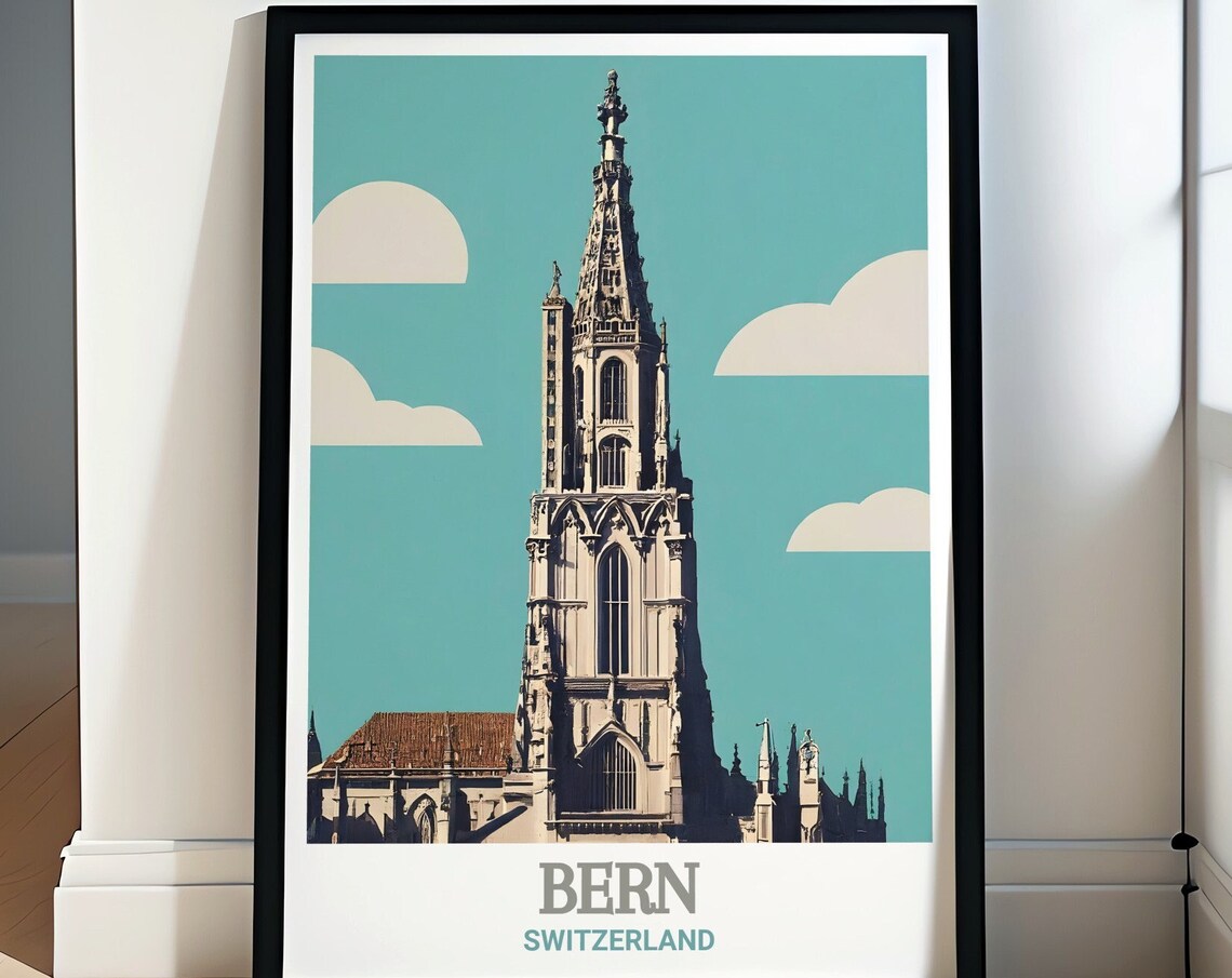 Bern Minster Cathedral Poster Switzerland Gothic Spire Travel Art