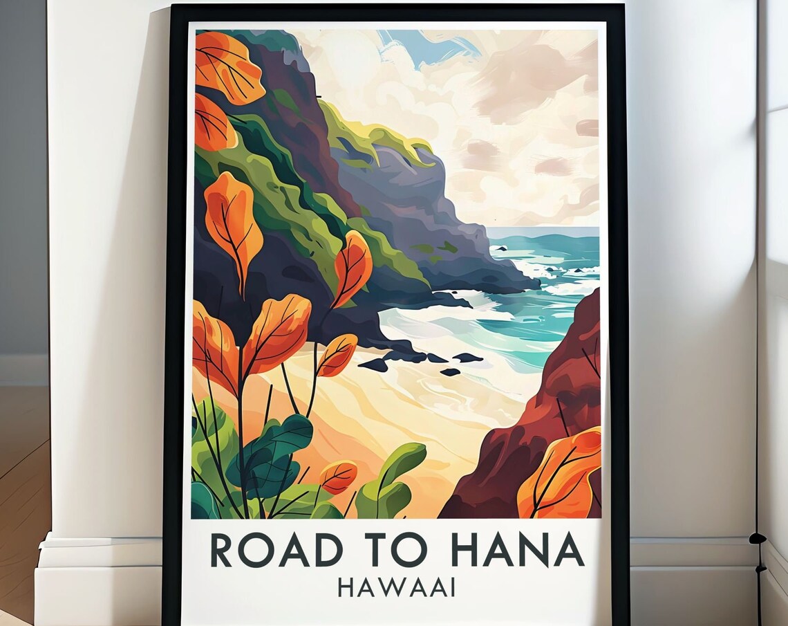 Road to Hana Hawaii Tropical Cove Golden Coastline Travel Poster