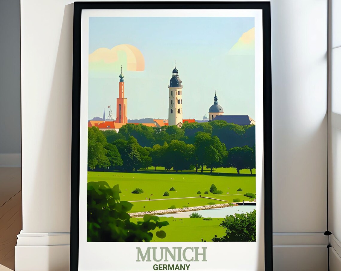 Munich English Garden Green Meadows Pond Church Towers Travel Poster