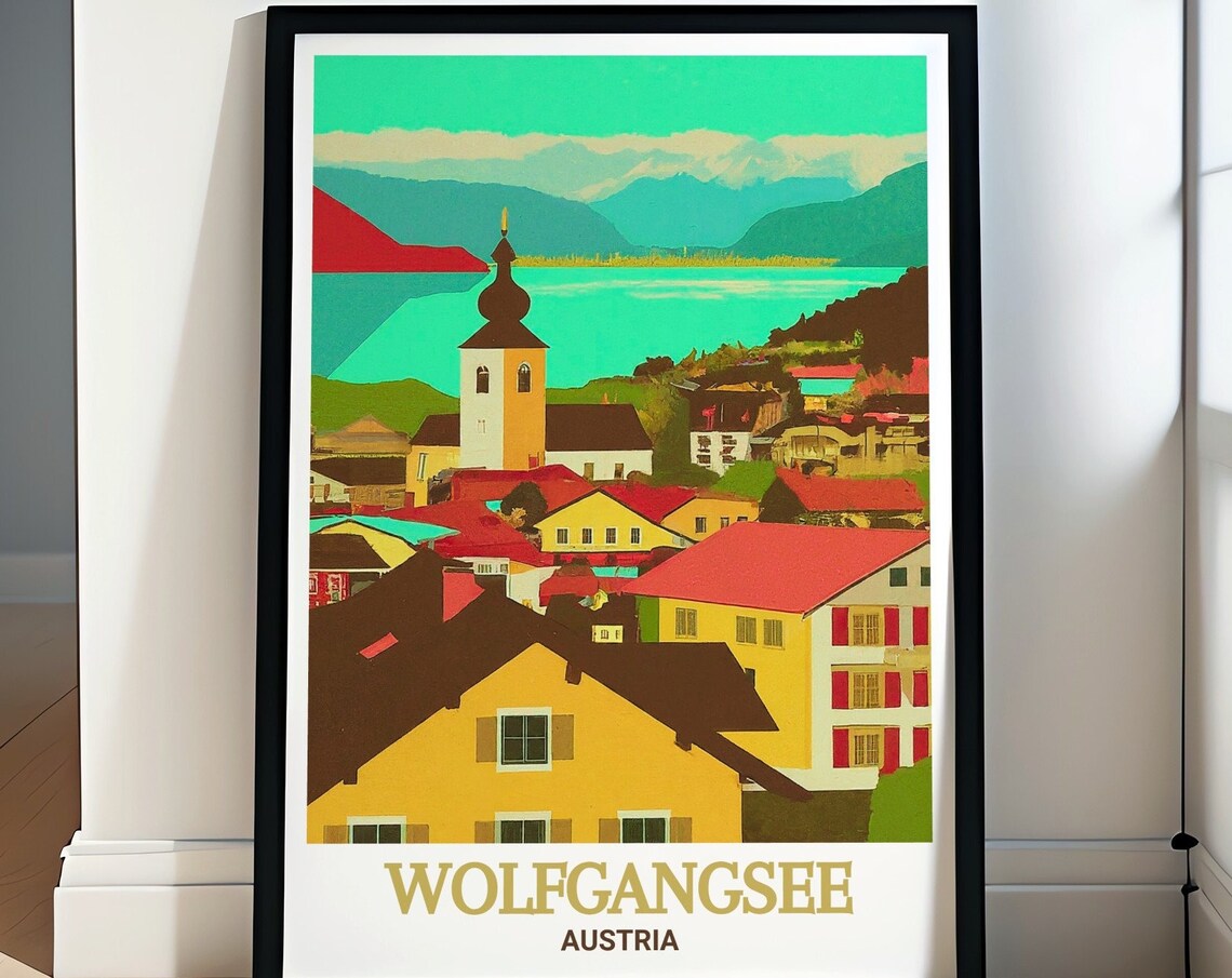 Wolfgangsee Austria Village Red Rooftops Vintage Scenic Travel Poster