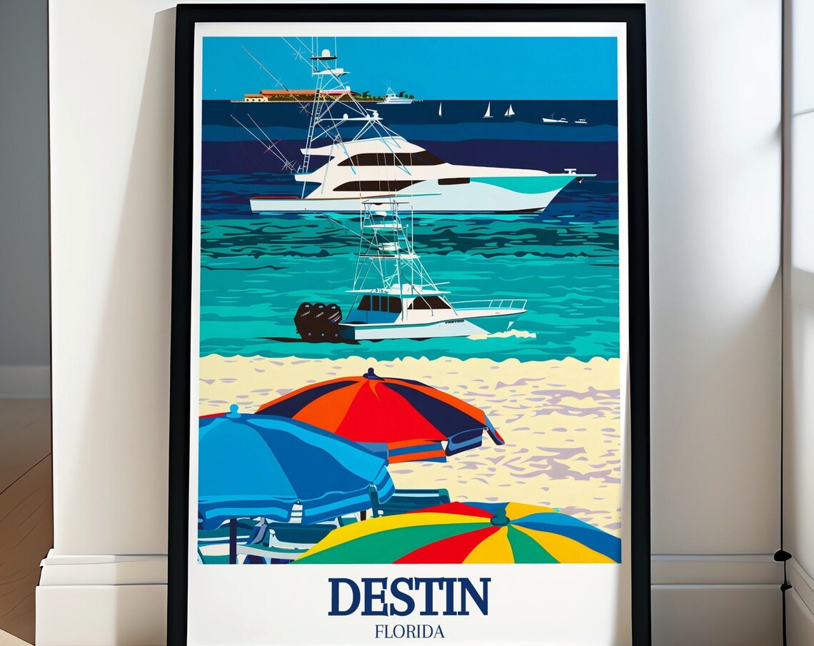 Destin Harbor Fishing Boats Beach Umbrellas Florida Coast Poster
