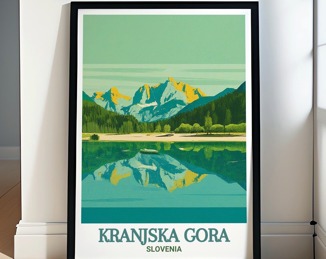 Kranjska Gora Lake Reflection Golden Peaks Retro Travel Poster