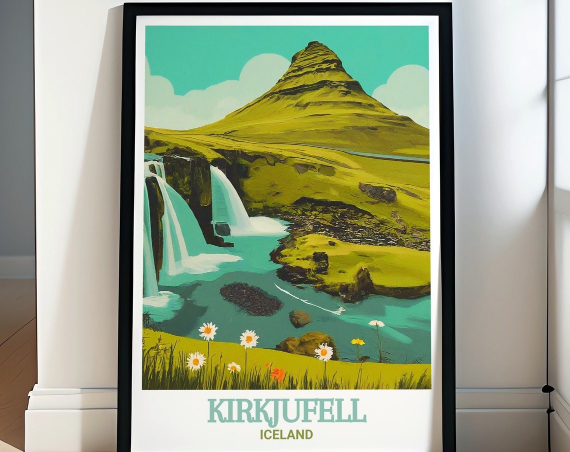 Kirkjufell Iceland Kirkjufellsfoss Waterfall Meadow View Poster