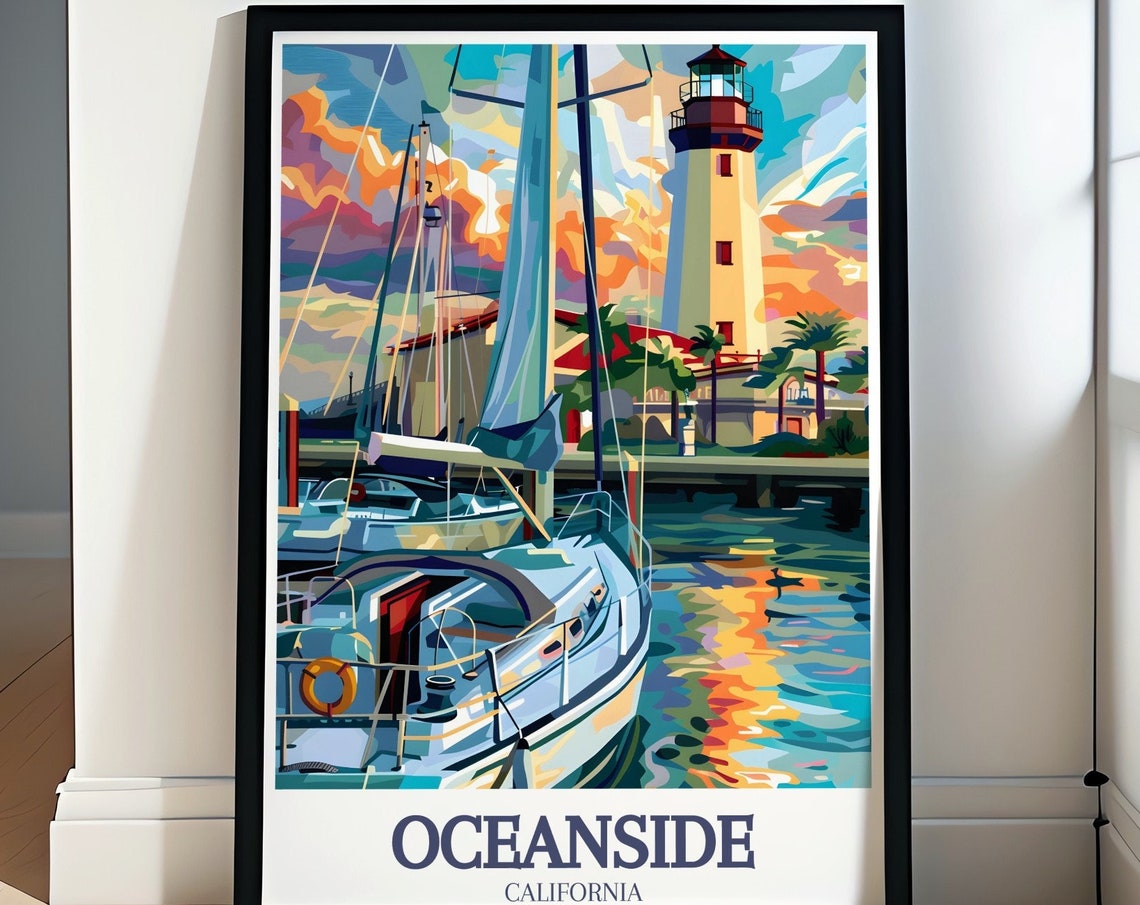 Oceanside Harbor Lighthouse Sailboats Sunset California Poster