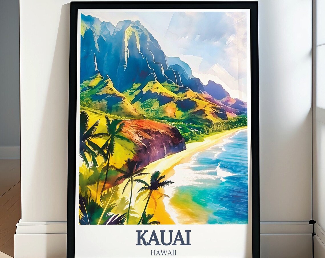 Kauai Na Pali Coast Emerald Sea Cliffs Palms Hawaii Travel Poster