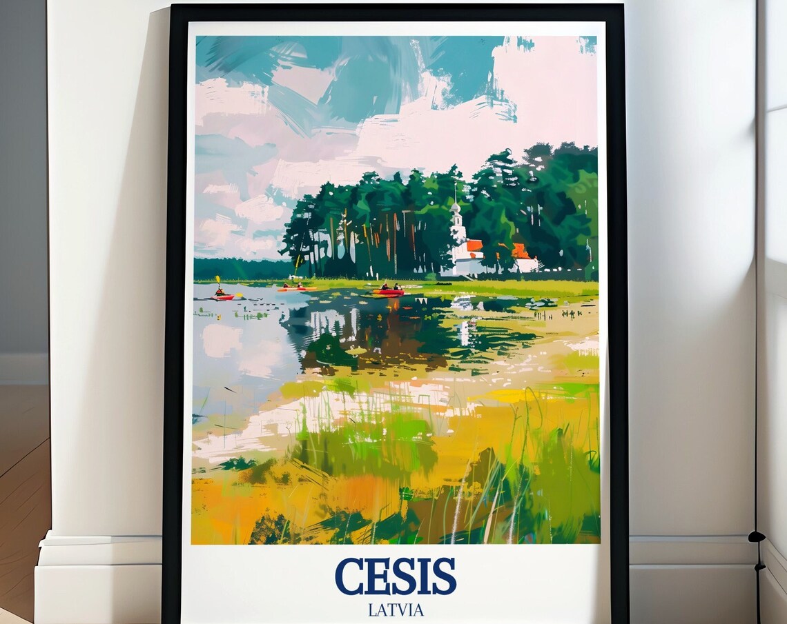 Cesis Latvia Gauja River Kayaks National Park Painterly Travel Poster