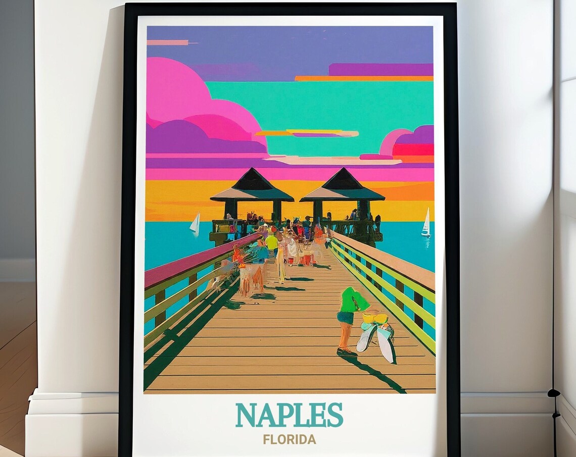 Naples Florida Pier Sunset Crowd Colorful Pop Art Beach Poster
