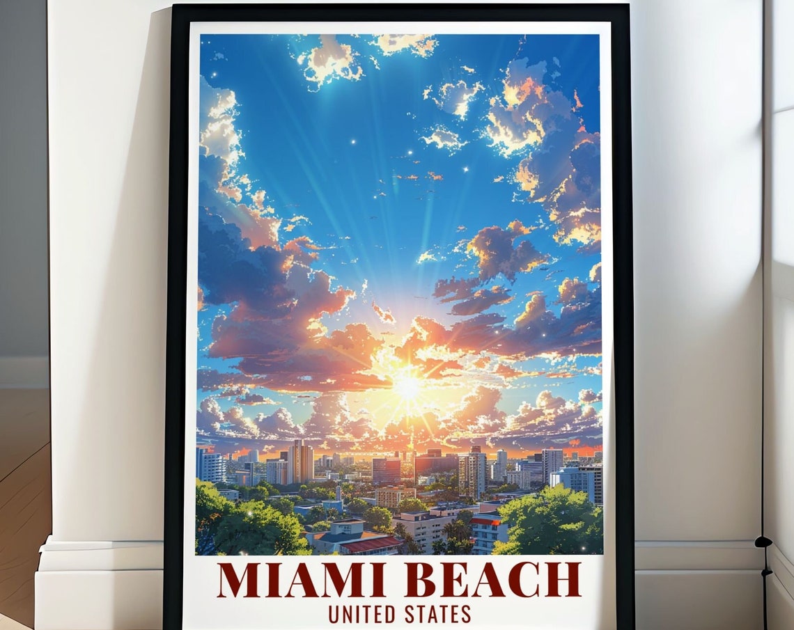 Miami Beach City Skyline Under A Dramatic Golden Sunset Sky Poster