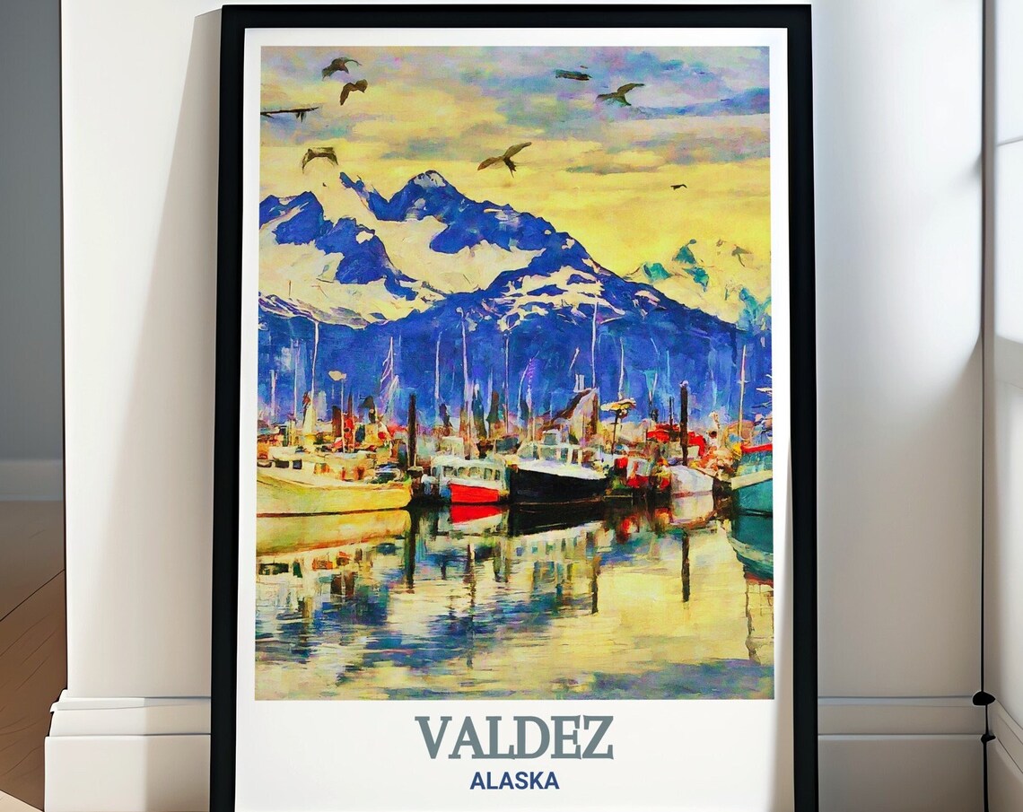 Valdez Alaska Harbor Fishing Boats Snow Mountain Travel Poster