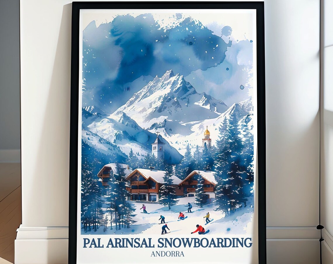 Pal Arinsal Snowboarding Blue Watercolor Mountain Village Poster