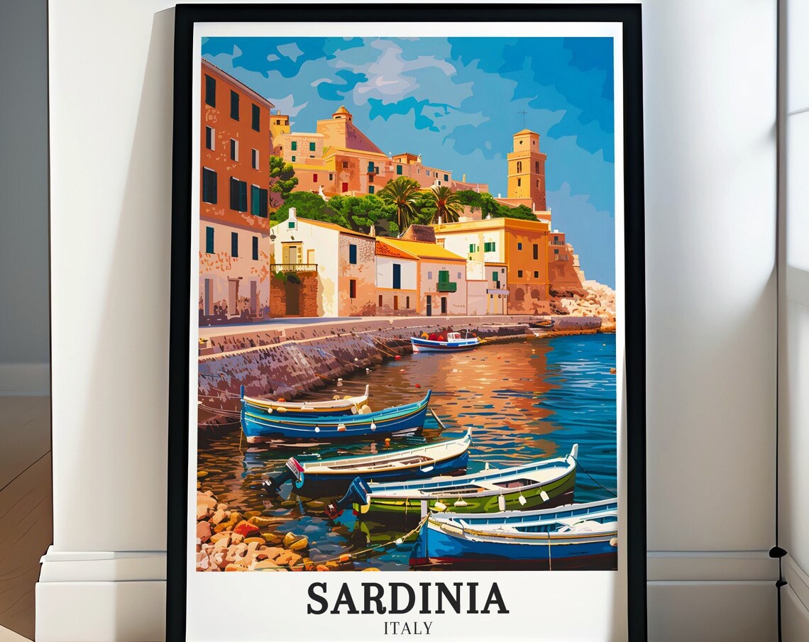 Sardinia Italy Colourful Fishing Boats by Waterfront Houses Poster