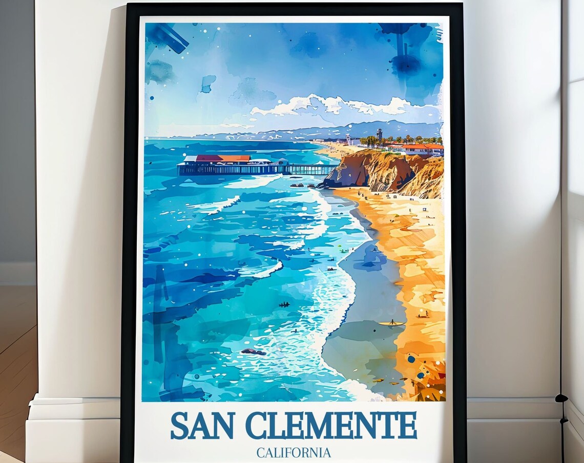 San Clemente California Pier Watercolor Beach Scene Travel Poster