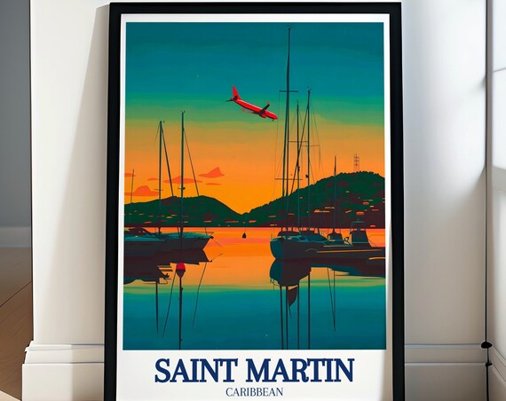 Saint Martin Caribbean Marina Sunset Sailboats Plane Retro Poster