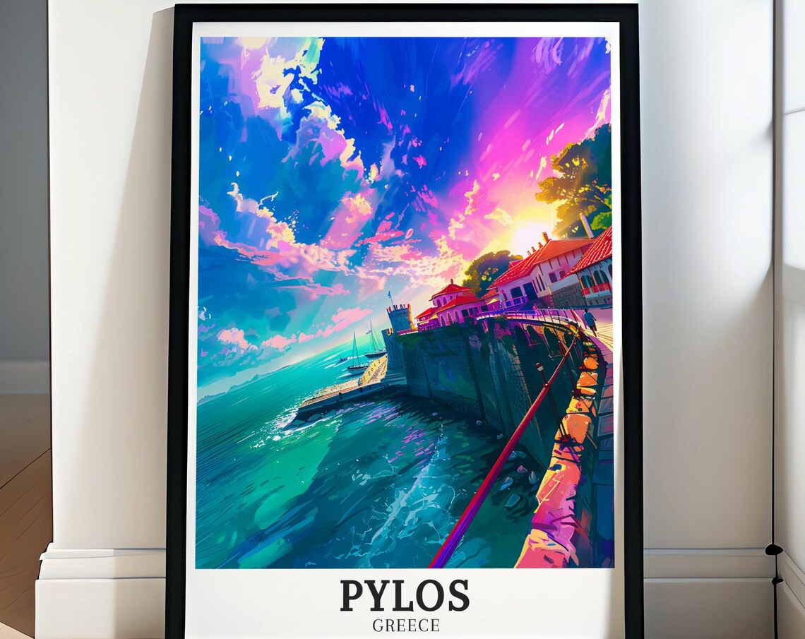 Pylos Greece Vivid Sunset Over Harbor Promenade Travel Poster