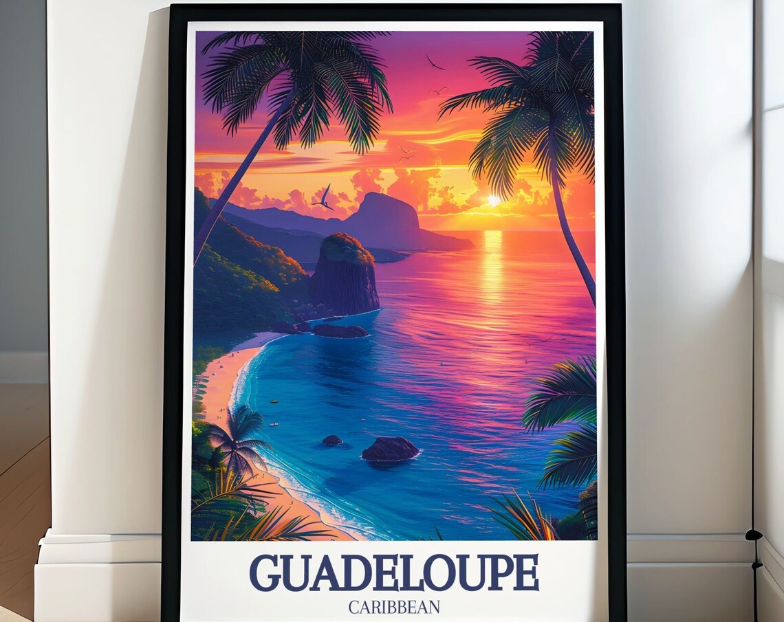 Guadeloupe Caribbean Volcano Sunset Palm Beach Travel Poster