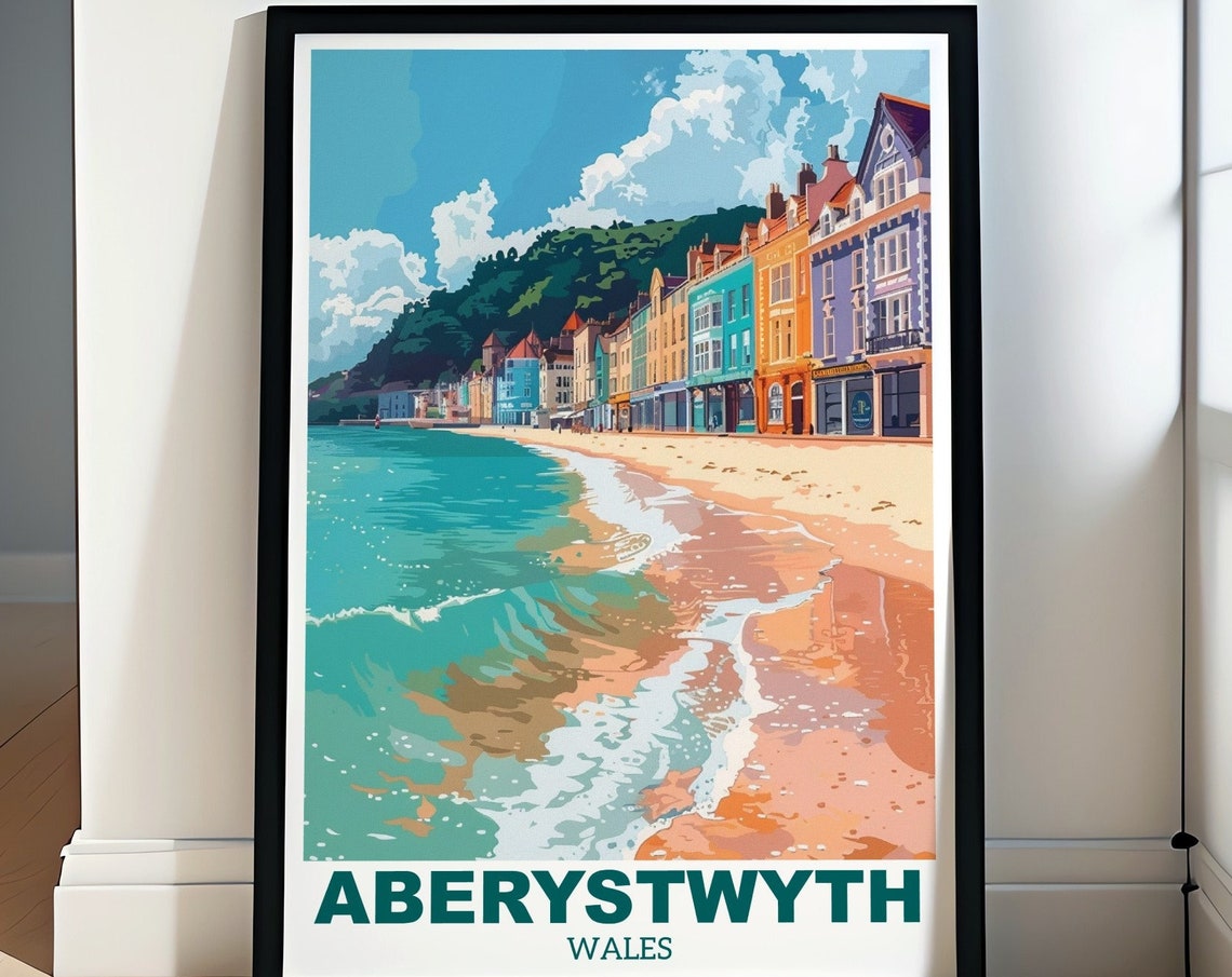 Aberystwyth Colorful Seafront Beach Wales Coastal Travel Poster