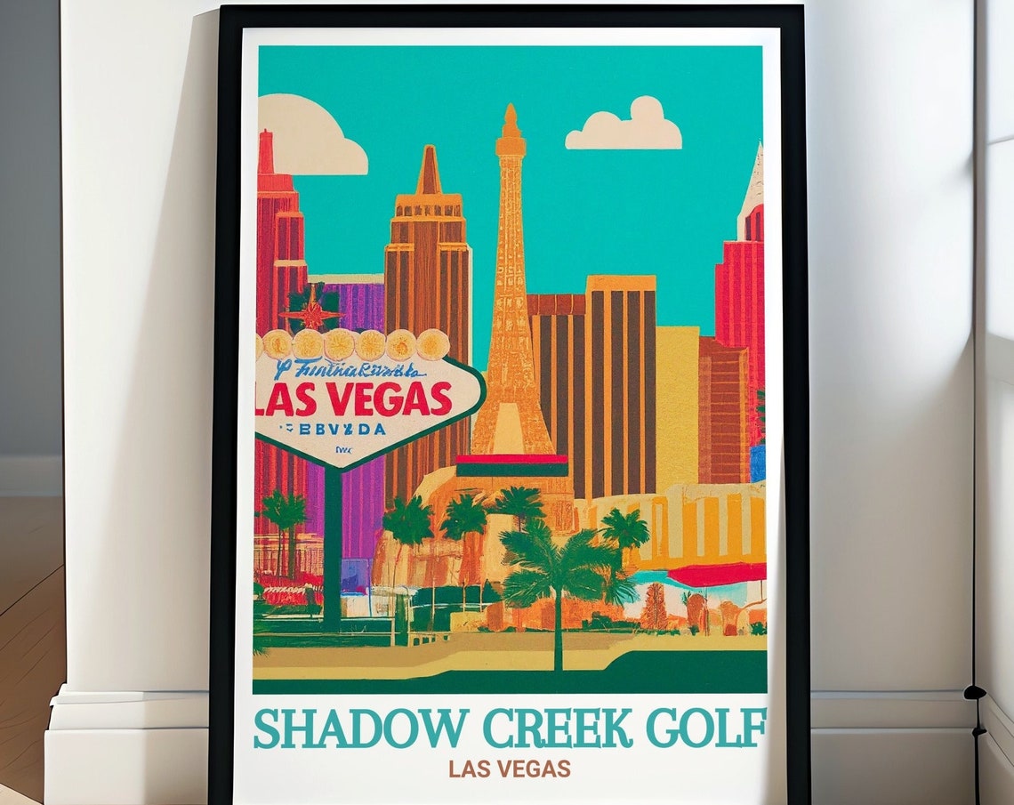 Shadow Creek Golf Las Vegas Strip Skyline Retro Style Travel Poster