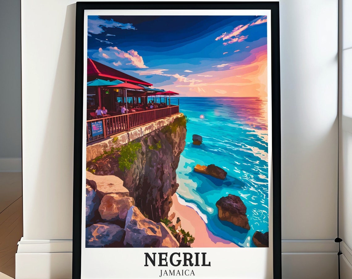 Negril Ricks Cafe Cliff Sunset Jamaica Caribbean Travel Poster