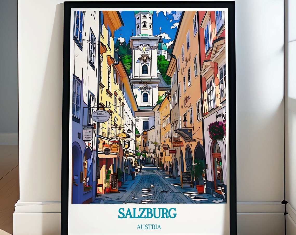 Salzburg Old Town Cobblestone Street Church Tower Austria Poster