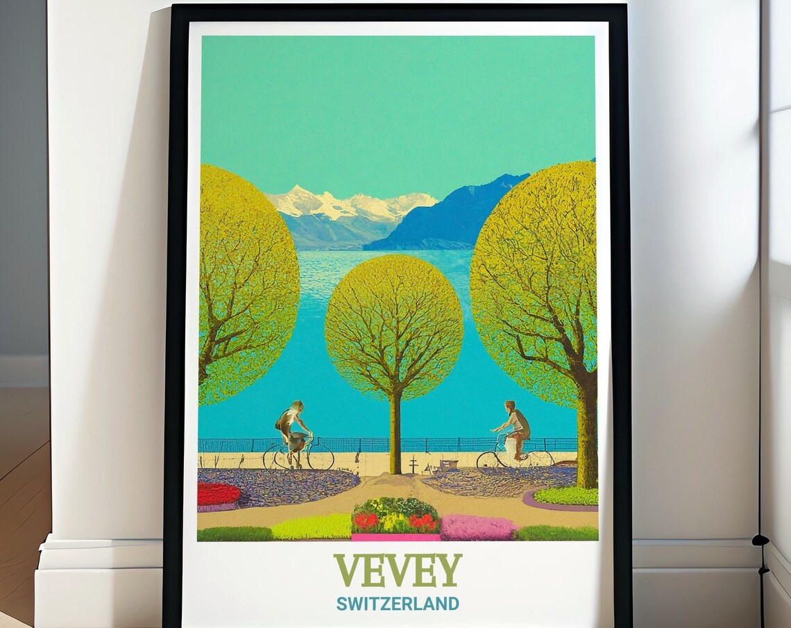Vevey Lakeside Promenade Cyclists Along Lake Geneva Sunset Poster